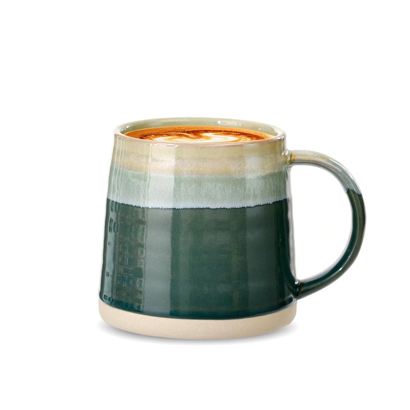 fMBB Ceramic Coffee Mug 13 oz Big Tea Cup Reactive Glaze Shiny and Matte Surface Rich Colored Pottery Mugs Wide Bottom Coffee Mug for Tea Latte Hot Chocolate Home Decor Green Tone