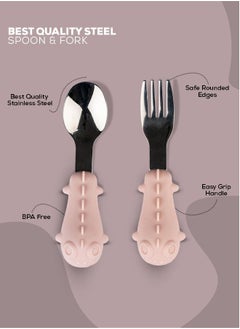 BAYBEE Stainless Steel Baby Spoon Set For Baby Feeding Non Toxic Bpa Free Training Feeding Spoon Fork Set Food Grade Silicone Handle Baby Feeding Spoons Feeding Spoon Set For Baby Toddlers Pink  - Image 4