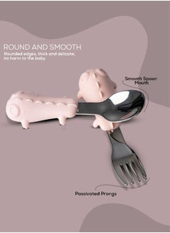BAYBEE Stainless Steel Baby Spoon Set For Baby Feeding Non Toxic Bpa Free Training Feeding Spoon Fork Set Food Grade Silicone Handle Baby Feeding Spoons Feeding Spoon Set For Baby Toddlers Pink  - Image 3