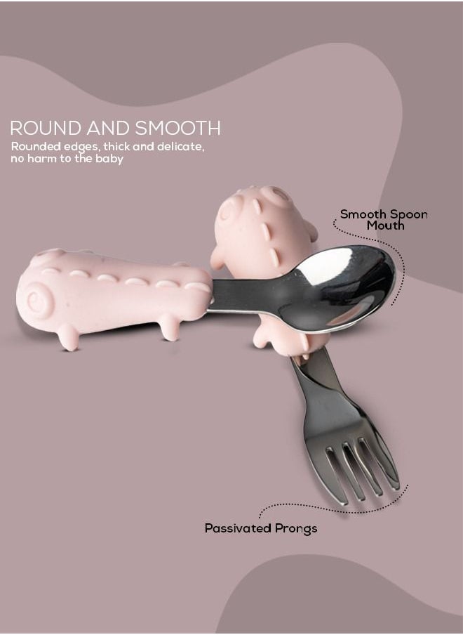 BAYBEE Stainless Steel Baby Spoon Set For Baby Feeding Non Toxic Bpa Free Training Feeding Spoon Fork Set Food Grade Silicone Handle Baby Feeding Spoons Feeding Spoon Set For Baby Toddlers Pink  - Image 3