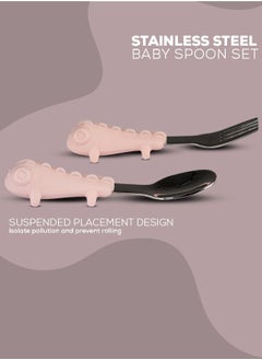 BAYBEE Stainless Steel Baby Spoon Set For Baby Feeding Non Toxic Bpa Free Training Feeding Spoon Fork Set Food Grade Silicone Handle Baby Feeding Spoons Feeding Spoon Set For Baby Toddlers Pink  - Image 2