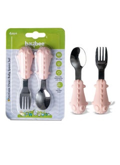 BAYBEE Stainless Steel Baby Spoon Set For Baby Feeding Non Toxic Bpa Free Training Feeding Spoon Fork Set Food Grade Silicone Handle Baby Feeding Spoons Feeding Spoon Set For Baby Toddlers Pink  - Image 1