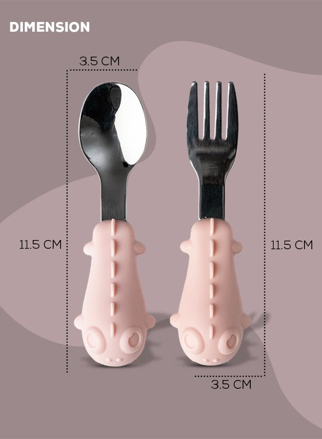 Stainless Steel Baby Spoon Set For Baby Feeding Non Toxic Bpa Free Training Feeding Spoon Fork Set Food Grade Silicone Handle Baby Feeding Spoons Feeding Spoon Set For Baby Toddlers Pink