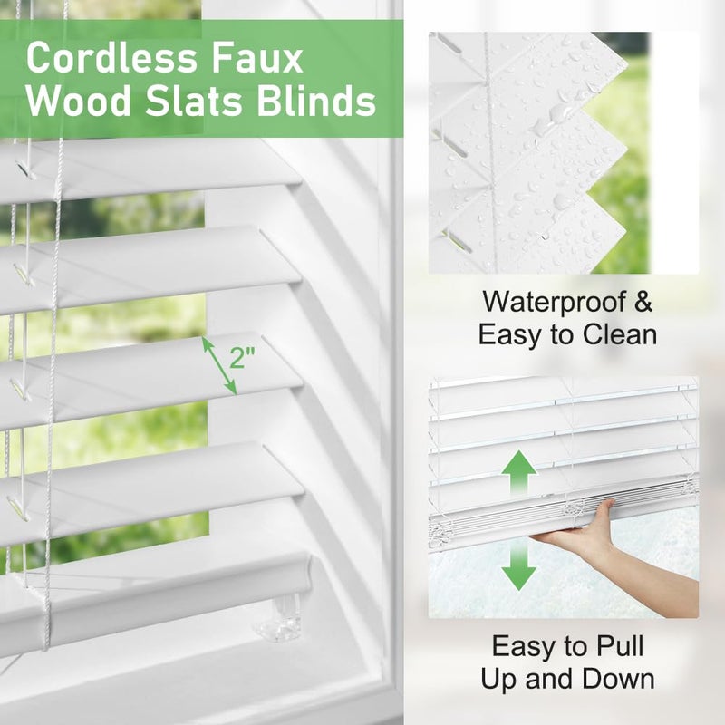 SEEYE 2 Inch Faux Wood Blinds for Indoor Windows with Crown Valance, Cordless Room Darkening Window Blind, 26" W x 36" H, Horizontal Wooden Shades for Bedroom, Kitchen, Office, Doors, White - Image 2