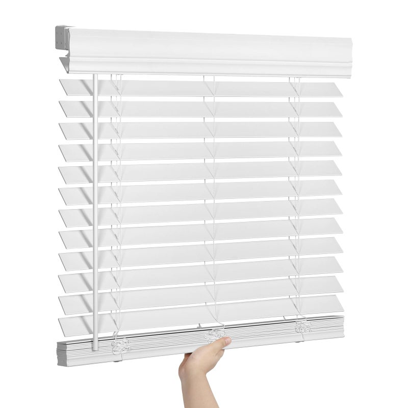 SEEYE 2 Inch Faux Wood Blinds for Indoor Windows with Crown Valance, Cordless Room Darkening Window Blind, 26" W x 36" H, Horizontal Wooden Shades for Bedroom, Kitchen, Office, Doors, White - Image 1