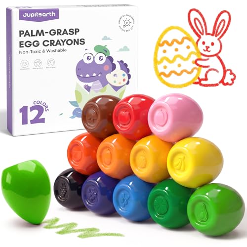 JUPITEARTH 12 Colors Egg Crayons for Toddlers 1-3, Palm-Grasp Non Toxic Jumbo Washable Crayons for Kids, Fat Brain Toys for Preschool Art Supplies and Perfect Easter Gifts for Boys and Girls - Image 1