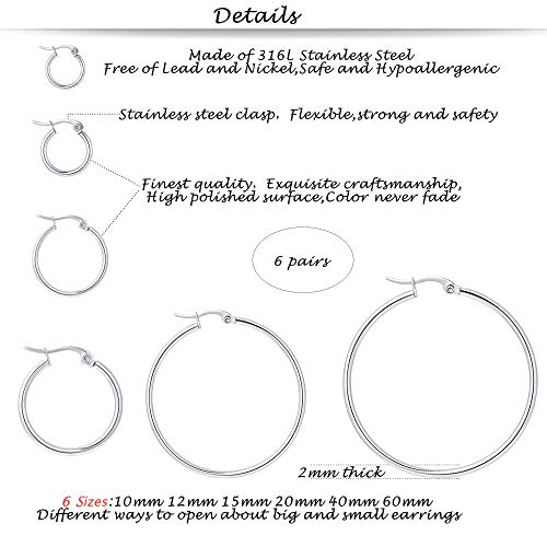 Yanxyad 6 Pairs Stainless Steel Hoop Earrings Set 316L Small Big Rounded Clasp Hoop Earrings Hypoallergenic Cartilage Tiny Click-Top Lightweight Cute Jewelry for Women Men (10 12 15 20 40 60mm) - Image 2