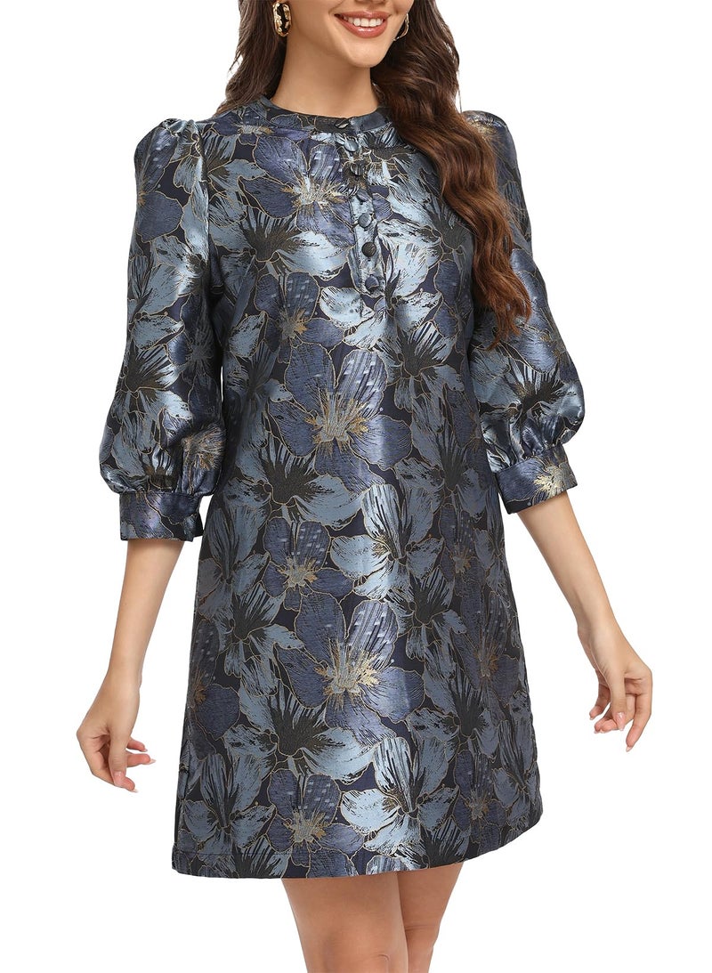Ladyful Women's Floral Jacquard Shift Dress 2026 Long Puff Sleeve Button Up Elegant Cocktail Party Mini Dress Blue - Image 4
