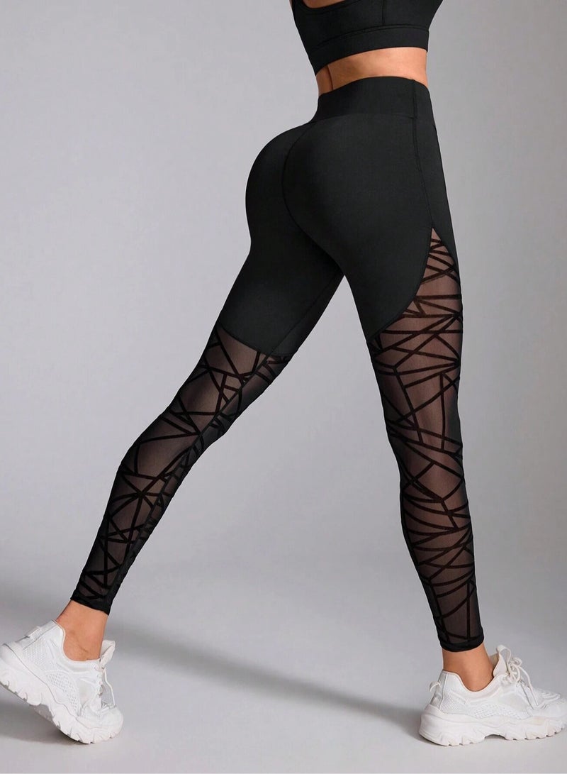 ميرين بنطال يوغا أسود بخصر عالٍ مع أجزاء شبكية هندسية - Image 5