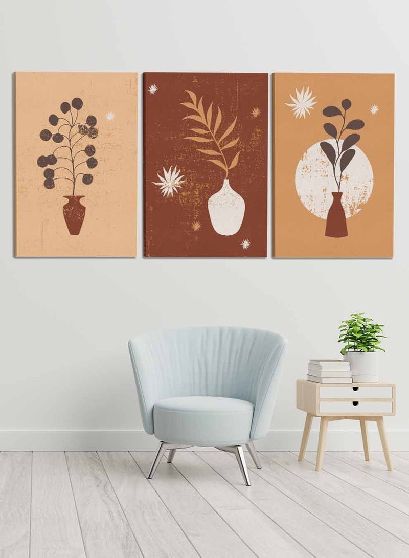 لوحة طقم من ٣ لوحات كانفاس على إطار خشبي، تصميم رسم تجريدي للزهريات، للمنزل، غرفة المعيشة، المكتب، الديكور - Image 1