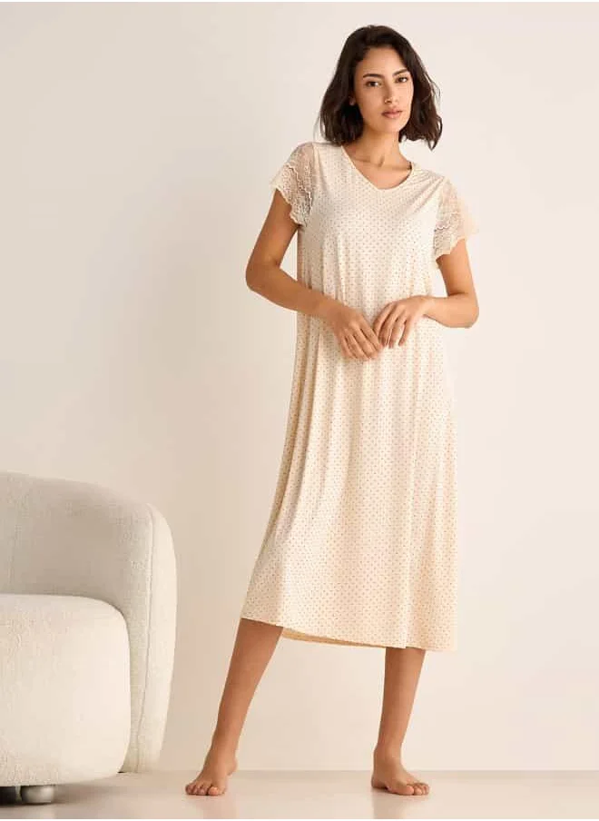 فاف Polka Dot Print Night Dress with V-neck and Short Sleeves