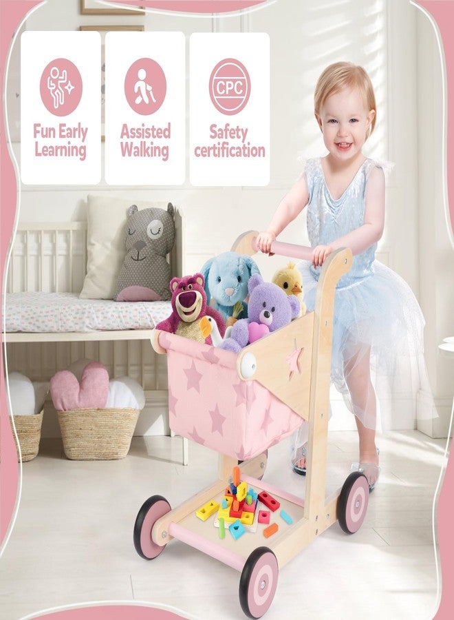 Asweets 2 in 1 Wooden Baby Walker Push and Pull Doll Stroller, Shopping Cart Learning Walker for Boys and Girls, Sit Stand Learning Toddler Toy (Pink) - Image 3