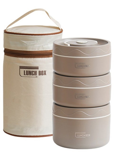 Microwaveable Thermal Lunch Box, Portable Insulated Lunch Containers With Bag, Leakproof Stackable Stainless Steel Food Container For Adults, Kids, Set of 3 Tier Insulated Bento Boxes (Brown)