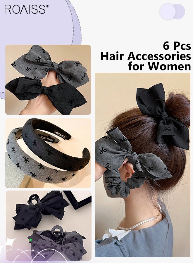 رويس 6 قطع من إكسسوارات الشعر العصرية بنمط فيونكة، قطعتان من ربطة الشعر المرنة على شكل فيونكة، قطعتان من عصابات الرأس البسيطة غير القابلة للانزلاق، قطعتان من دبابيس الشعر القماشية على شكل فيونكة، مجموعة متنوعة من الأنماط لتتناسب، مناسبة للارتداء اليومي للنساء - Image 1