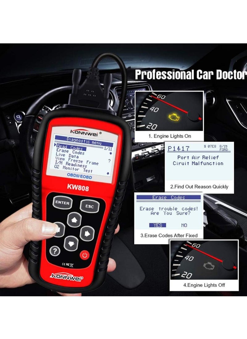 كونوي ماسح ضوئي تشخيصي للسيارة KW808 Obd2 - قارئ رمز EOBD/OBDII لجميع المركبات عام 1996+، ودعم بروتوكول CAN، وبث البيانات المباشر، وجاهزية الانبعاثات، وبيانات إطار ا  - Image 4