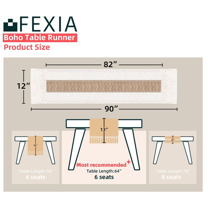 Fexia Boho Table Runner for Christmas Thanksgiving Home Decor with Tassels 90 Inch Cream & Brown Macrame Runner for Dining & Bedroom Baby Bridal Shower Decor(12x90 Inches) - Image 2