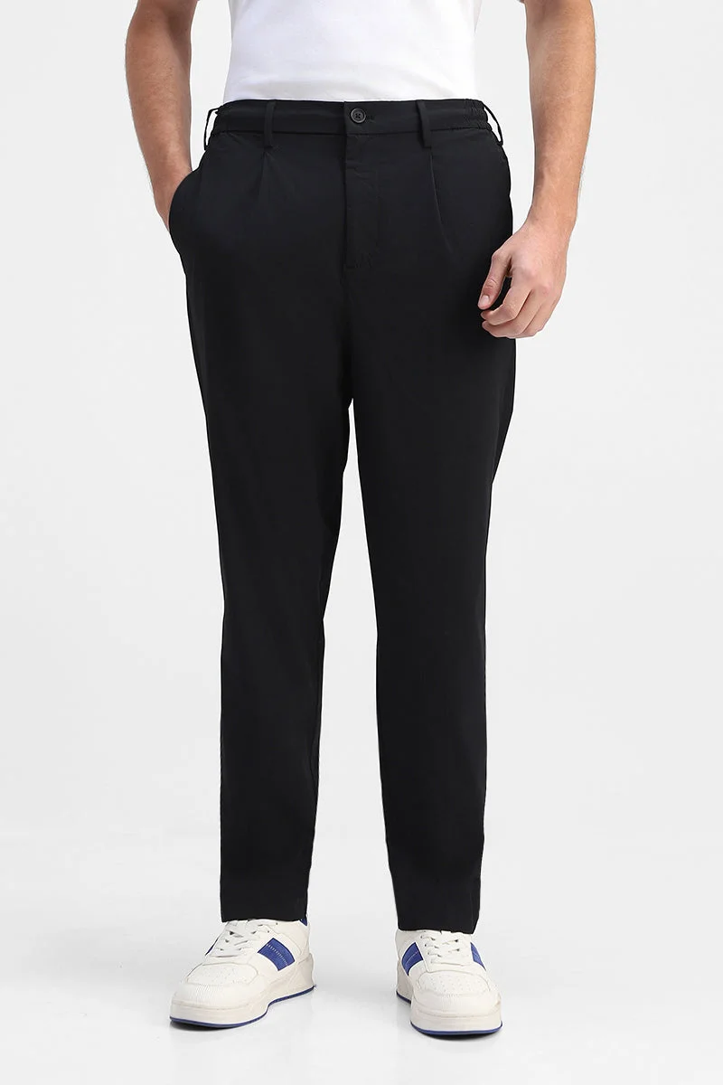 Snitch Black Black Solid Relaxed Casual Trousers for Men | Best Price UAE