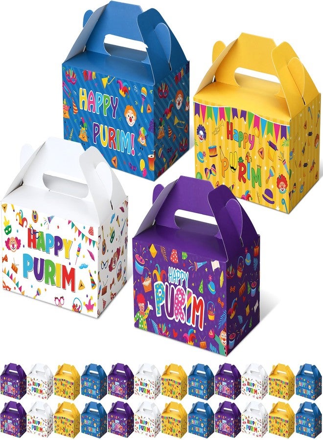 Sinload 24 Pcs Purim Gift Boxes in Bulk 4 Design Multicolored Print Happy Purim Gable Boxes for Hamantashen Cookies Snacks 5.5" x 3.5" x 3.5" Easy to Assemble Gift Bags for Party Favor - Image 1