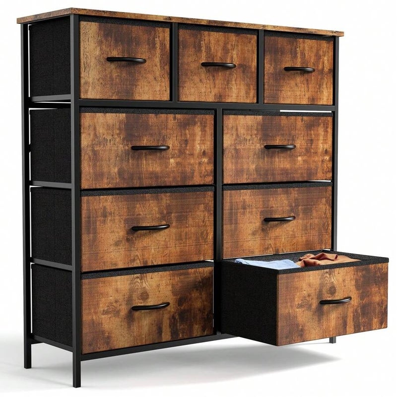Sweetcrispy 9-Drawer Fabric Dresser with Wood Top, Tall Storage Tower Organizer