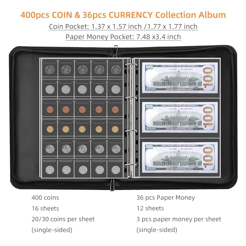 Hontom Coin Collection Album Holder for Collectors, 400 Pockets Fireproof Coin Collection Book & 36 Paper Money Organizer Binder for Coin Currency Collection Supplies,Pennies,Bill,Tokens,Badges - Image 3