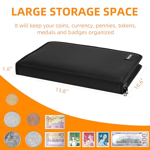 Hontom Coin Collection Album Holder for Collectors, 400 Pockets Fireproof Coin Collection Book & 36 Paper Money Organizer Binder for Coin Currency Collection Supplies,Pennies,Bill,Tokens,Badges - Image 4