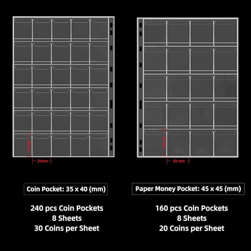 Hontom Coin Collection Album Holder for Collectors, 400 Pockets Fireproof Coin Collection Book & 36 Paper Money Organizer Binder for Coin Currency Collection Supplies,Pennies,Bill,Tokens,Badges - Image 5