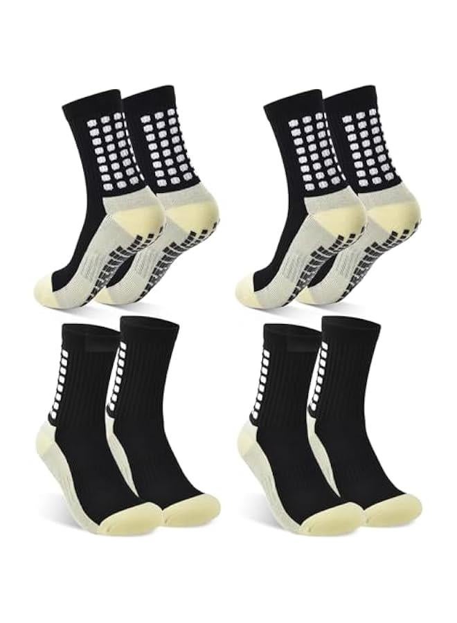 HOOKOR 4 Pairs Grip Socks Football For Kids Men Adult White Black Football Grip Socks Size 6-11 Running Sports Soccer Non Slip Socks With Rubber Dots, 4xBlack - Image 1