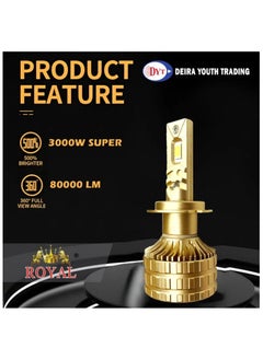 Royal 2Pcs 3000w Car Headlights Bulbs Automotive Pro Highlight Color 80000LM Super Bright LED Car Headlight Bulbs, Low/High Beam Cool White LED Bulb  - Image 2