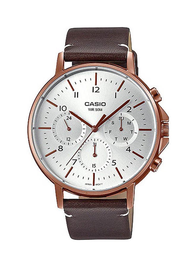 Men Wrist Watch Water Resistant Round Leather Analog Mtp-E321Rl-5A - 47 mm - Brown