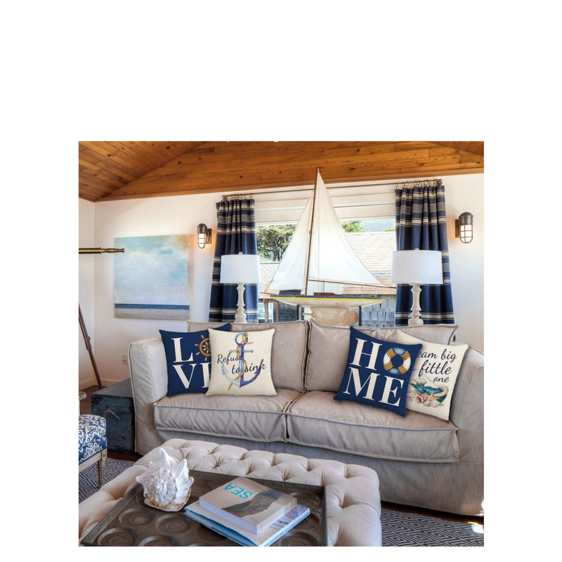 SOLARAE Throw Pillow Covers 18x18 Nautical Pillow Cover, Farmhouse Summer Decorative Pillow Cover Set of 4, Navy Blue Linen Couch Pillows Covers for Living Room Sofa Bed Home Decor - Image 3