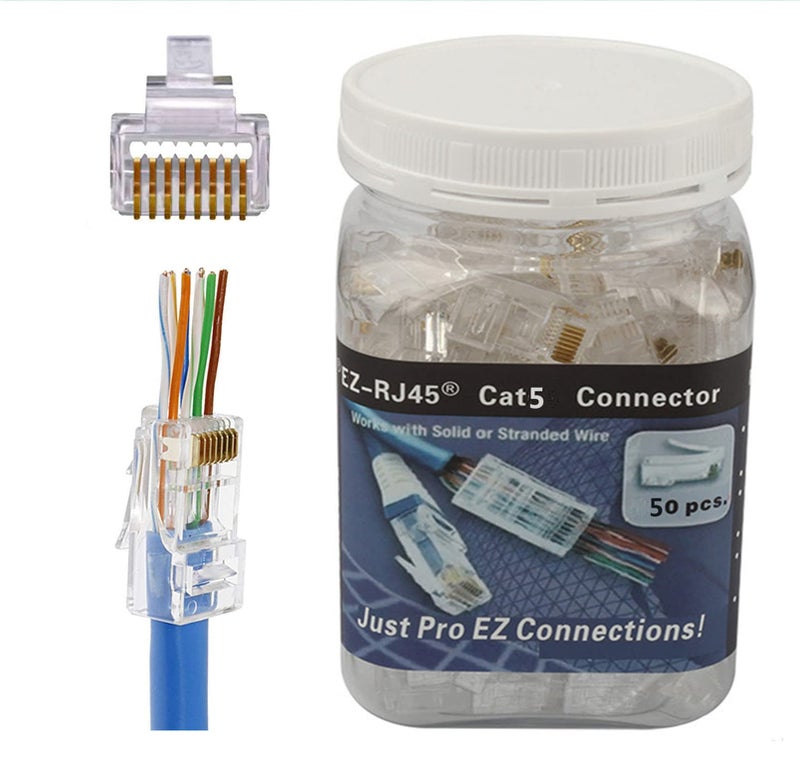 RJ45 CAT5 CAT5e Pass Through Connectors 50Pack End Ethernet 8P8C GoldPlated Modular Plug for Unshielded Twisted Pair Solid Wire Standard Cables