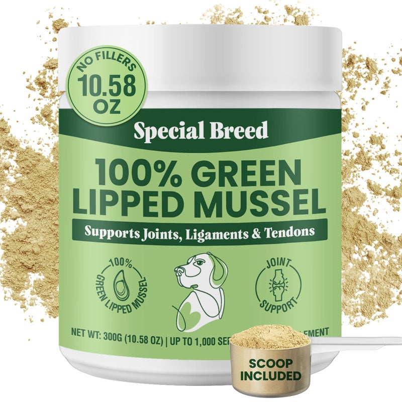 Special Breed Green Lipped Mussel Powder for Dogs & Cats - 100% New Zealand Green Lipped Mussels - Natural Hip & Joint Supplement for Joints, Tendons, Ligaments, Muscles - 300 Grams - Up to 1,000 Servings - Image 1