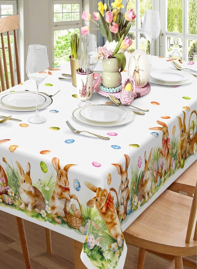 Roszwtit Spring Easter Tablecloth, Easter Eggs Bunny Floral Table Cloth Waterproof, Spring Rabbit Flowers Kitchen Table Decor for Dining Holiday Party 60x102 Inch Rectangle - Image 1