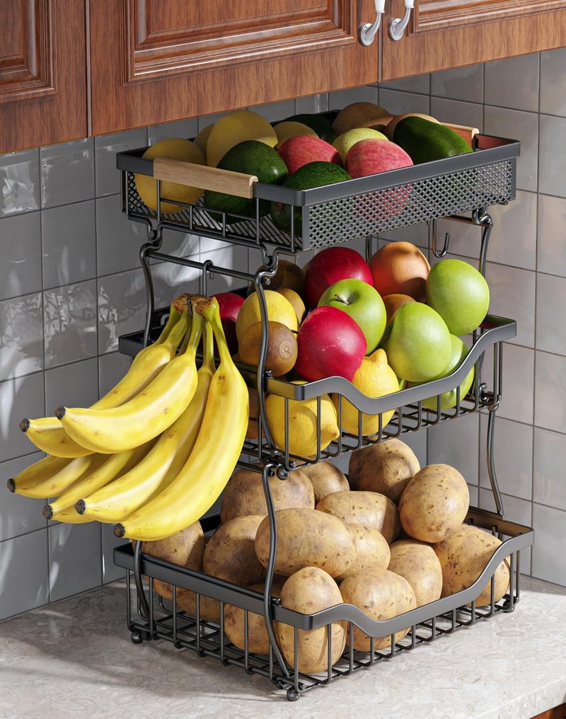OKZEST 3Tier Fruit Basket for Kitchen Counter Wall Hanging Fruit Bowl and Kitchen Countertop Organizer with 2 Banana Hangers Fruit Storage Stand for Storing Potato Onion Snack Bread Fruit Veggie - Image 1