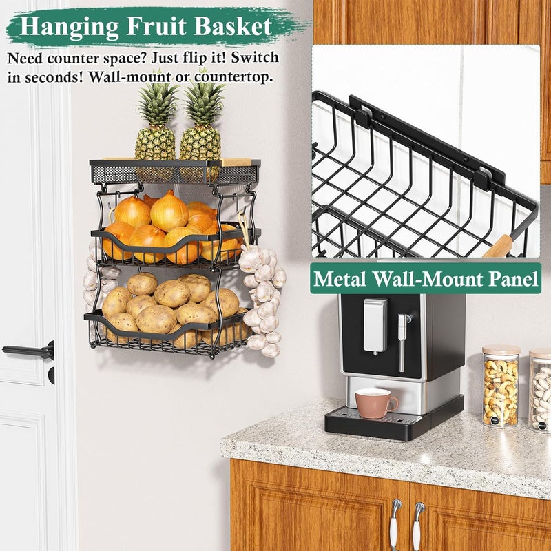 OKZEST 3Tier Fruit Basket for Kitchen Counter Wall Hanging Fruit Bowl and Kitchen Countertop Organizer with 2 Banana Hangers Fruit Storage Stand for Storing Potato Onion Snack Bread Fruit Veggie - Image 3