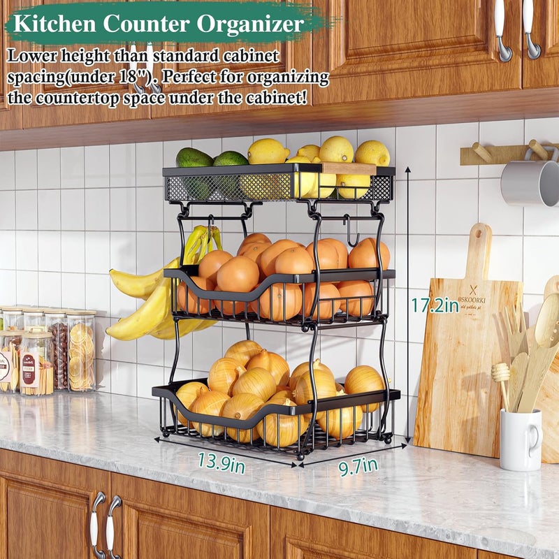 OKZEST 3Tier Fruit Basket for Kitchen Counter Wall Hanging Fruit Bowl and Kitchen Countertop Organizer with 2 Banana Hangers Fruit Storage Stand for Storing Potato Onion Snack Bread Fruit Veggie - Image 2
