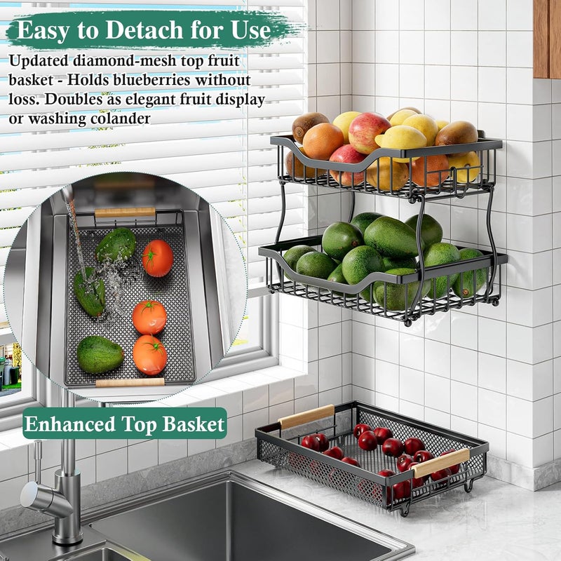 OKZEST 3Tier Fruit Basket for Kitchen Counter Wall Hanging Fruit Bowl and Kitchen Countertop Organizer with 2 Banana Hangers Fruit Storage Stand for Storing Potato Onion Snack Bread Fruit Veggie - Image 4