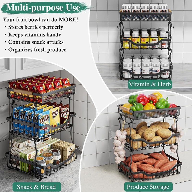 OKZEST 3Tier Fruit Basket for Kitchen Counter Wall Hanging Fruit Bowl and Kitchen Countertop Organizer with 2 Banana Hangers Fruit Storage Stand for Storing Potato Onion Snack Bread Fruit Veggie - Image 5