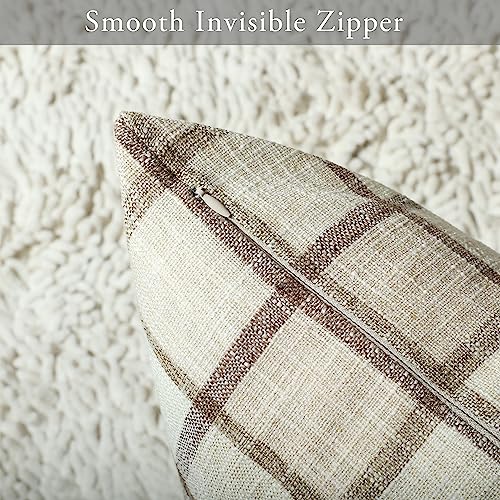 Stellhome Fall Linen Buffalo Check Throw Pillow Covers, Autumn Farmhouse Plaid Decorative Cushion Covers for Couch Sofa Living Room, Pack of 2, 18x18 Inch, Beige - Image 3