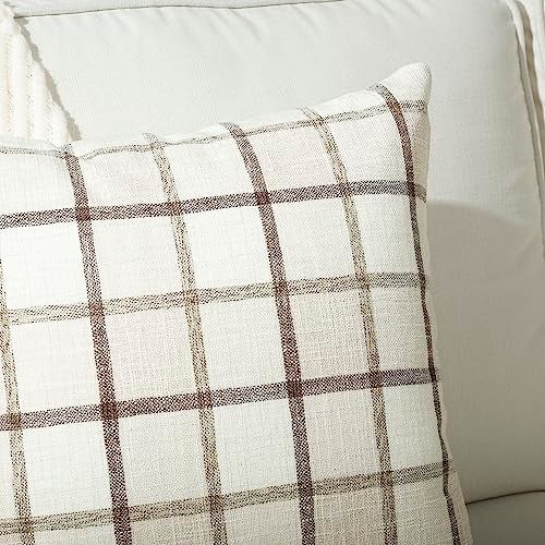 Stellhome Fall Linen Buffalo Check Throw Pillow Covers, Autumn Farmhouse Plaid Decorative Cushion Covers for Couch Sofa Living Room, Pack of 2, 18x18 Inch, Beige - Image 4