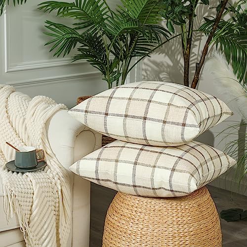 Stellhome Fall Linen Buffalo Check Throw Pillow Covers, Autumn Farmhouse Plaid Decorative Cushion Covers for Couch Sofa Living Room, Pack of 2, 18x18 Inch, Beige - Image 2