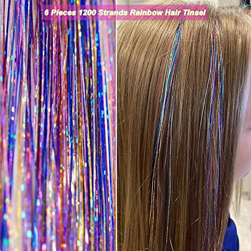 MISSUHUI Rainbow Fairy Hair Tinsel Kit With Tools 47 Inch 1200 Strands Glitter Tinsel Hair Extensions Sparkling Shiny Hair Tinsel Strands Kit Heat Resistant for Women Girls Children 6Pcs (Rainbow Set) - Image 4