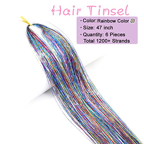 MISSUHUI Rainbow Fairy Hair Tinsel Kit With Tools 47 Inch 1200 Strands Glitter Tinsel Hair Extensions Sparkling Shiny Hair Tinsel Strands Kit Heat Resistant for Women Girls Children 6Pcs (Rainbow Set) - Image 3
