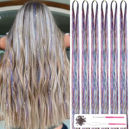 MISSUHUI Rainbow Fairy Hair Tinsel Kit With Tools 47 Inch 1200 Strands Glitter Tinsel Hair Extensions Sparkling Shiny Hair Tinsel Strands Kit Heat Resistant for Women Girls Children 6Pcs (Rainbow Set) - Image 1