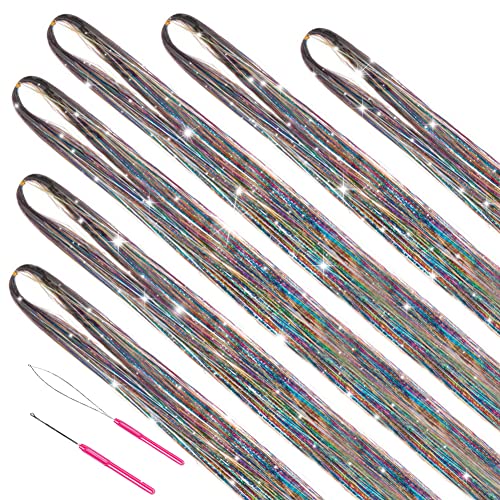 MISSUHUI Rainbow Fairy Hair Tinsel Kit With Tools 47 Inch 1200 Strands Glitter Tinsel Hair Extensions Sparkling Shiny Hair Tinsel Strands Kit Heat Resistant for Women Girls Children 6Pcs (Rainbow Set) - Image 2