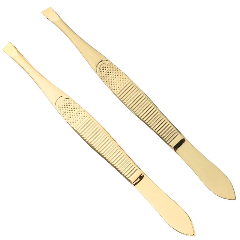 Stainless Steel Eyebrow Tweezers Set 2Pcs Flat Slant Tip Precision Hair Removal Beauty Tool - Image 2