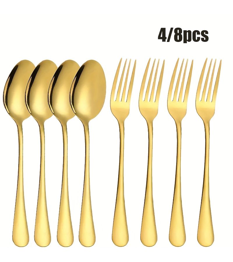 8 Pcs Golden Stainless Steel Fork And Spoon Set Mirror Polished Dishwasher Safe For Home Kitchen Party Dining Room - Image 1