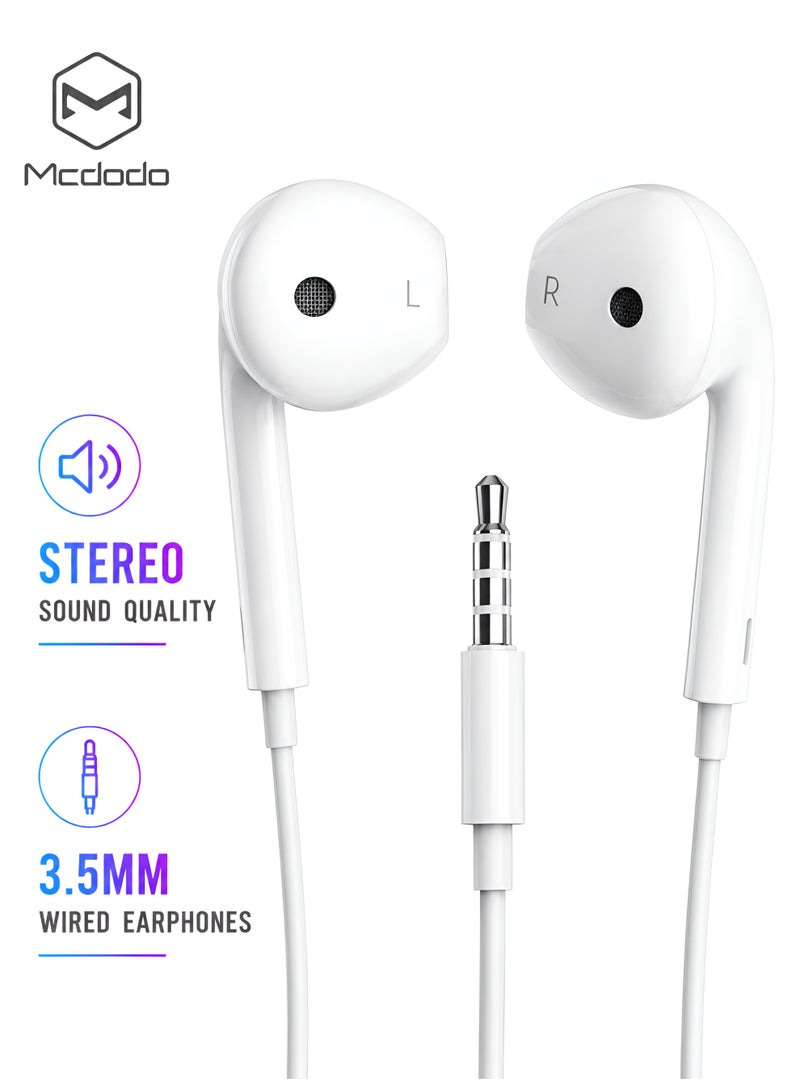 Mcdodo 3.5mm Wired Earphones with Mic – Stereo Headphones for Android Phone, Laptop, Tablet – White (HP-0543) - Image 1