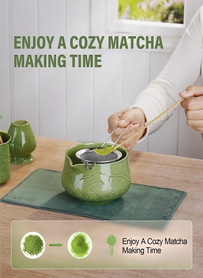 ZENS Matcha Whisk Set, 7pcs Matcha Kit Set with Ceramic Bowl and Matcha Cup, Bamboo Whisk & (Chasen Holder) Sifter, Scoop -Tea Towel, Japanese Chawan for Matcha-Making, Emerald Green - Image 3