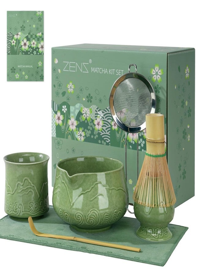 ZENS Matcha Whisk Set, 7pcs Matcha Kit Set with Ceramic Bowl and Matcha Cup, Bamboo Whisk & (Chasen Holder) Sifter, Scoop -Tea Towel, Japanese Chawan for Matcha-Making, Emerald Green - Image 1